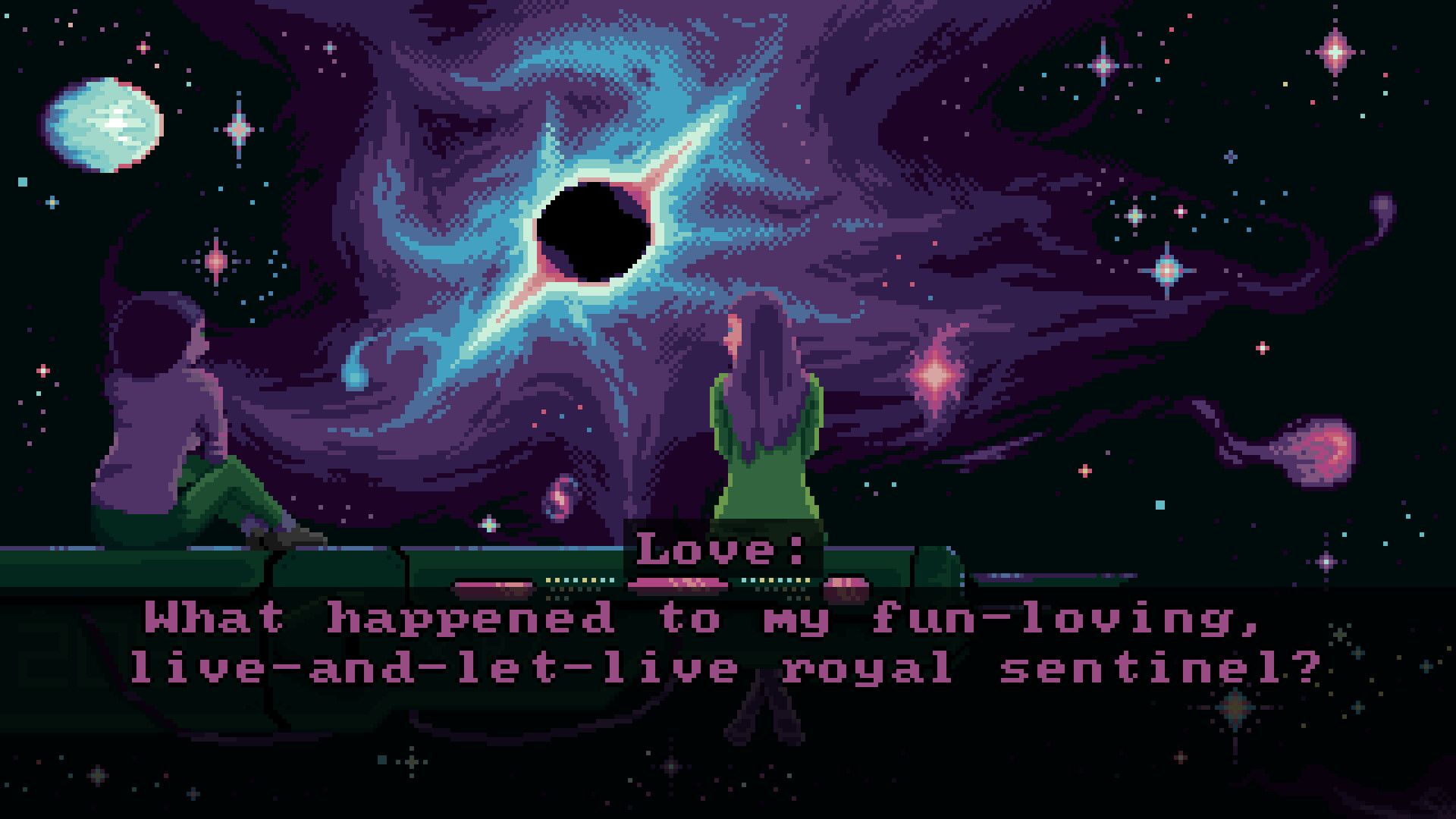 Screenshot of the game. Two women look out over a galaxy. Text reads "Love: What happened to my fun-loving live-and-let-live royal sentinel?"
