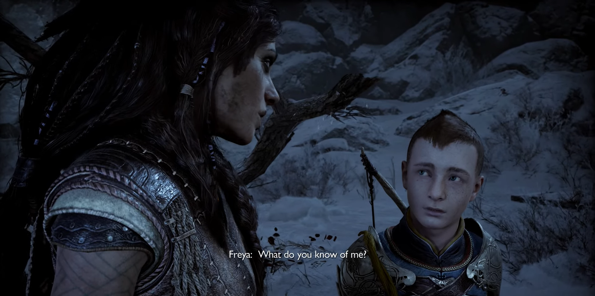 Screenshot of the game. Atreus looks at Freya, who says, "What do you know of me?"