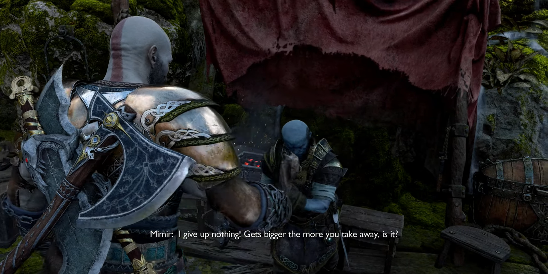 Screenshot. Mimir bows his head to Kratos, saying "I give up nothing! Gets bigger the more you take away, is it?"