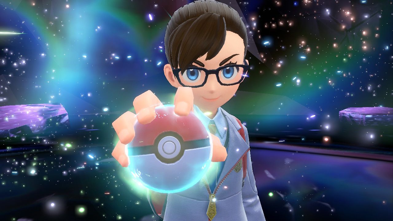 A girl Pokemon main character holds out a Pokeball that is lit with Tera effects.