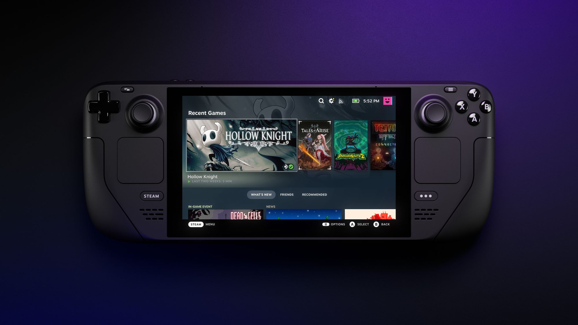 The Steam Deck displaying the home screen, with Hollow Knight as the most recently played game.
