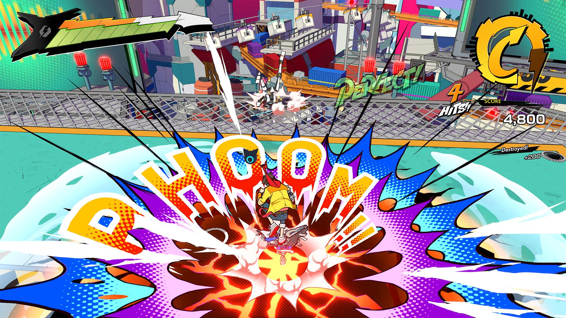 Screenshot from the game: Chai lands a massive hit in a fight, resulting in a comicbook-style PHOOM! 