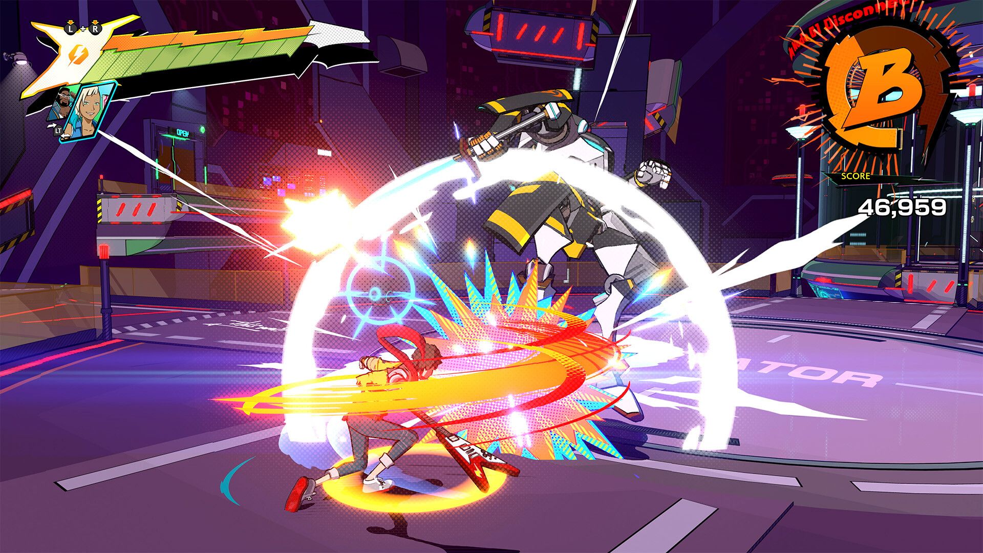 Screenshot of the game. Chai attacks a robotic enemy in a flurry of color and light.