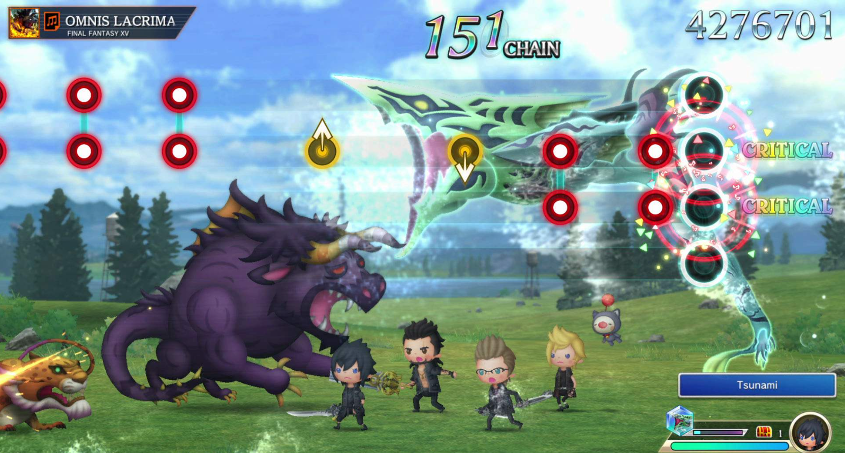 Screenshot of the game. Several main characters face off against a bull monster and a leopard monster.