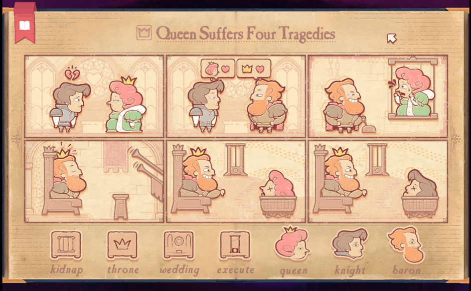 Screenshot of the game. Six panels show the queen being beheaded by the baron so he can take the throne.
