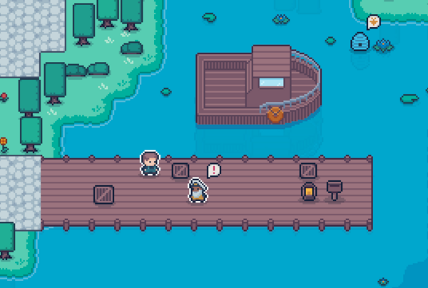 A pixel art dock with a small boat beside it. Two characters, a young man and an old boat captain, stand on the dock.