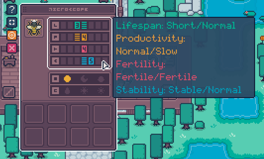 A menu of traits for a single bee, including Lifespan, Productivity, Fertility, and Stability.