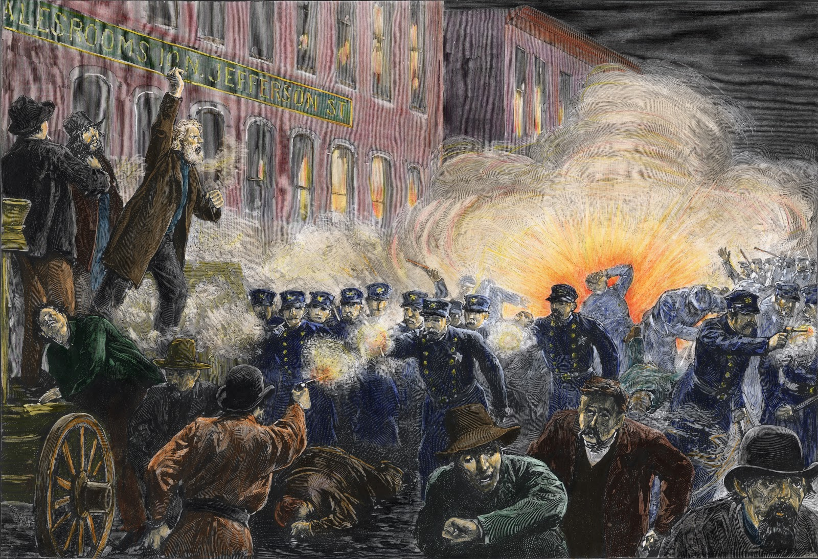 A painting depicting armed police officers and men in street clothes firing at each other in Haymarket Square.