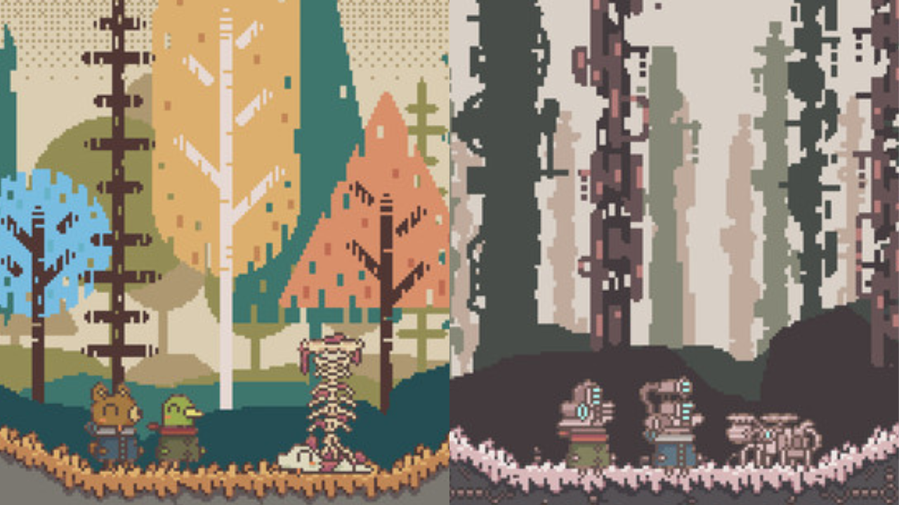 Split-screen perspective. Left, a bear and duck in coats walk in autumn woods. Right, two robots walk in a harsh landscape.
