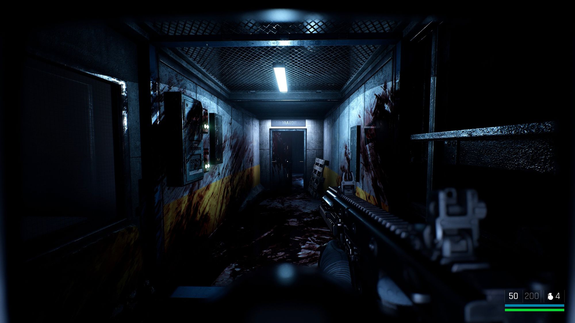 A dark, bloodied corridor in a government facility. The player's character holds a shotgun.