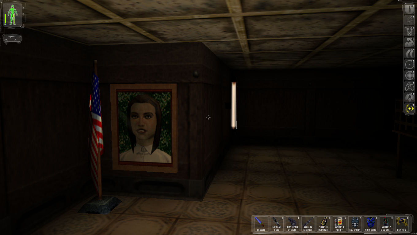 Screenshot of the game. An office space with an American flag and a portrait of a young woman.