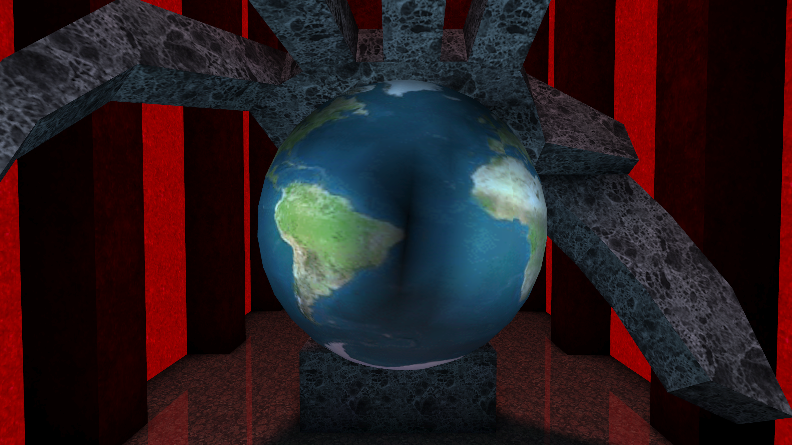 Screenshot of the game. A globe model floating in a red walled room, being reached for by a stone hand.