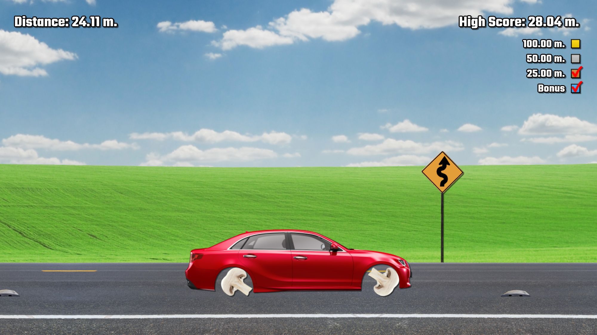 A clipart scene of a red sedan with sliced mushrooms for wheels.