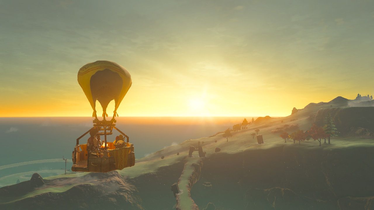 Link rides in a balloon with Hudson and his family over Tarrey Town as the sun sets.