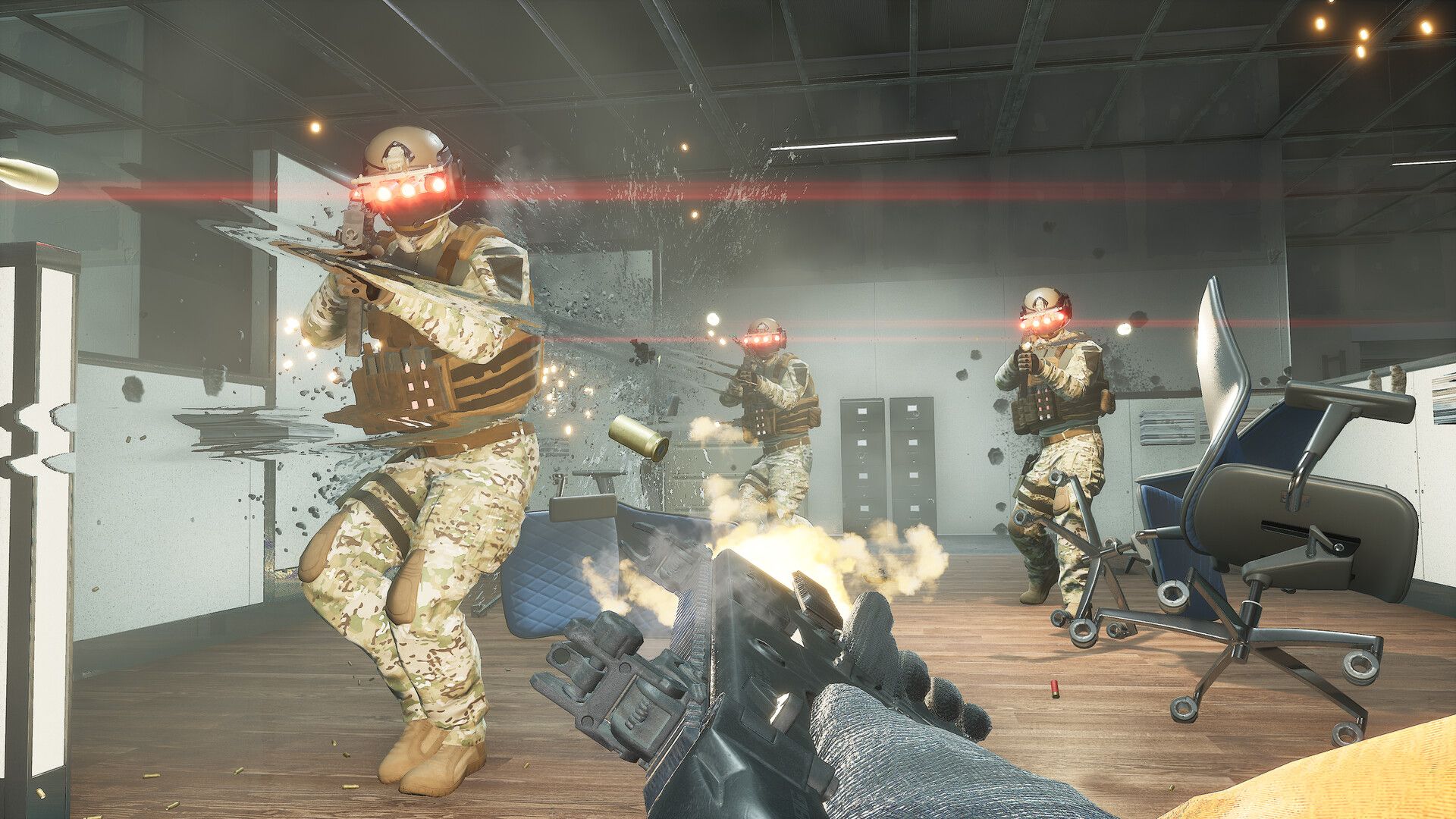 Three armed soldiers rush the player character in an office space.
