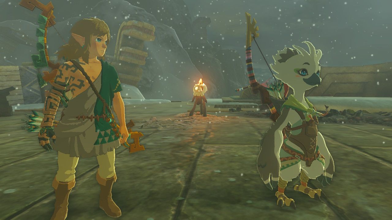 Link stands with the Rito, Tulin, in the snowy Hebra mountains.