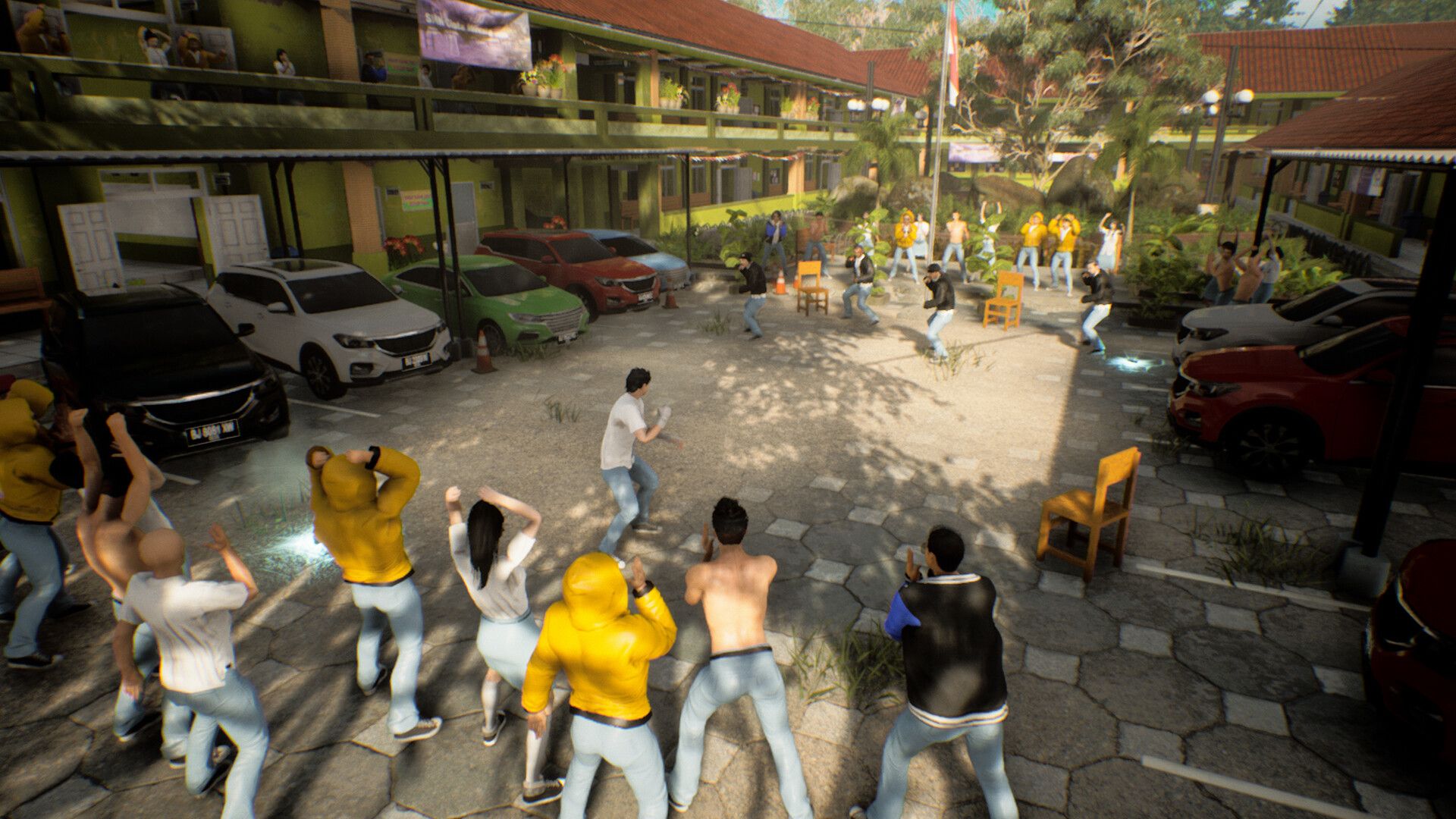 Screenshot of the game. Budi fights another student in a parking lot, surrounded by cheering students.