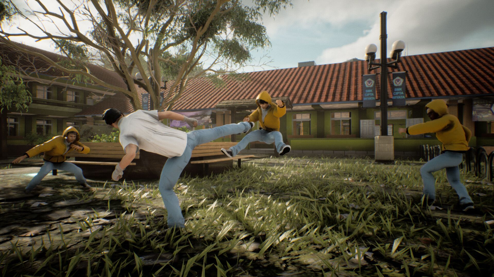 Screenshot of the game. Budi fights off three yellow-hoodie-wearing assailants in the schoolyard.