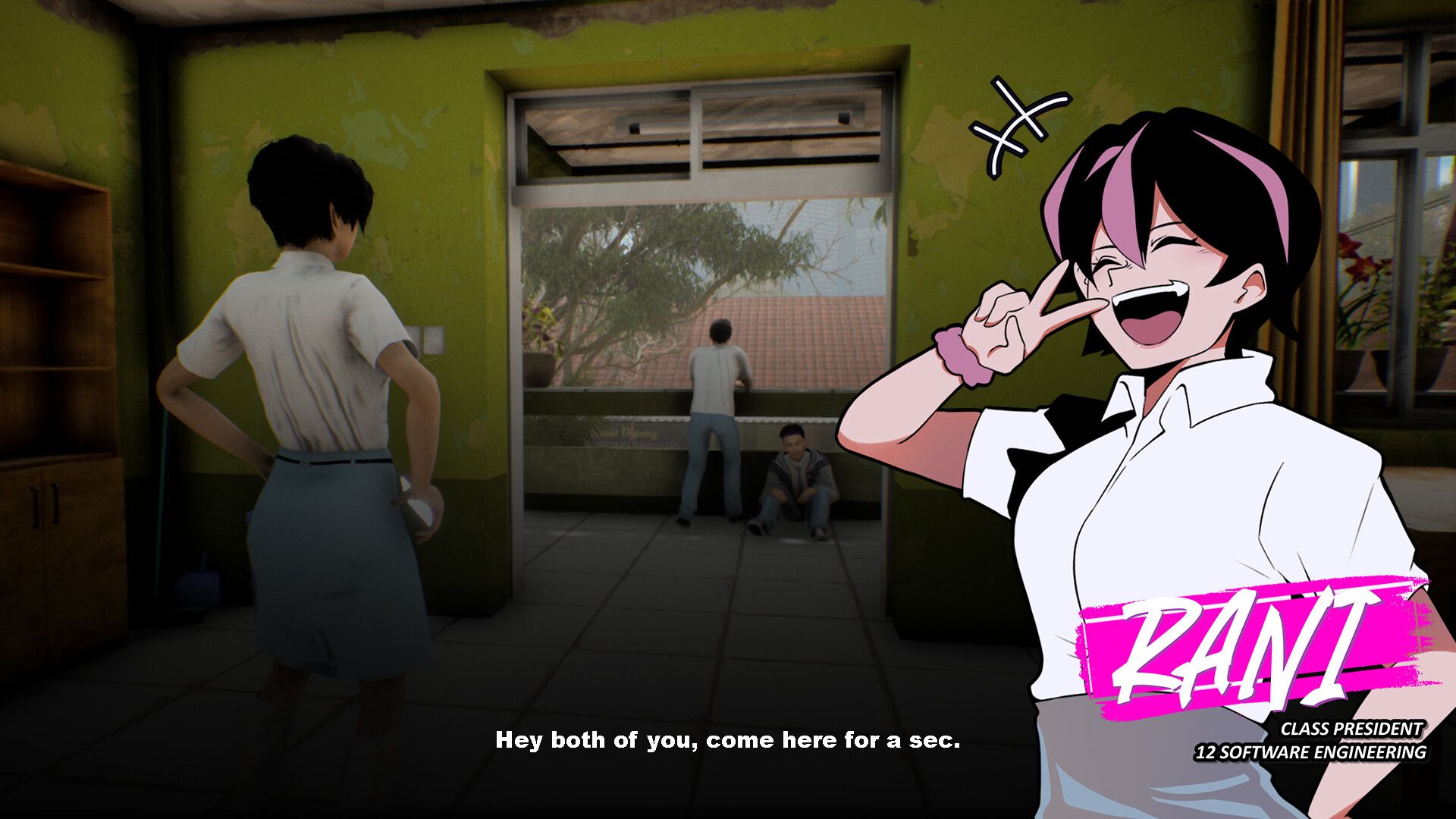 Screenshot of the game. Rani, the class president, asks Budi and another student to come talk to her.