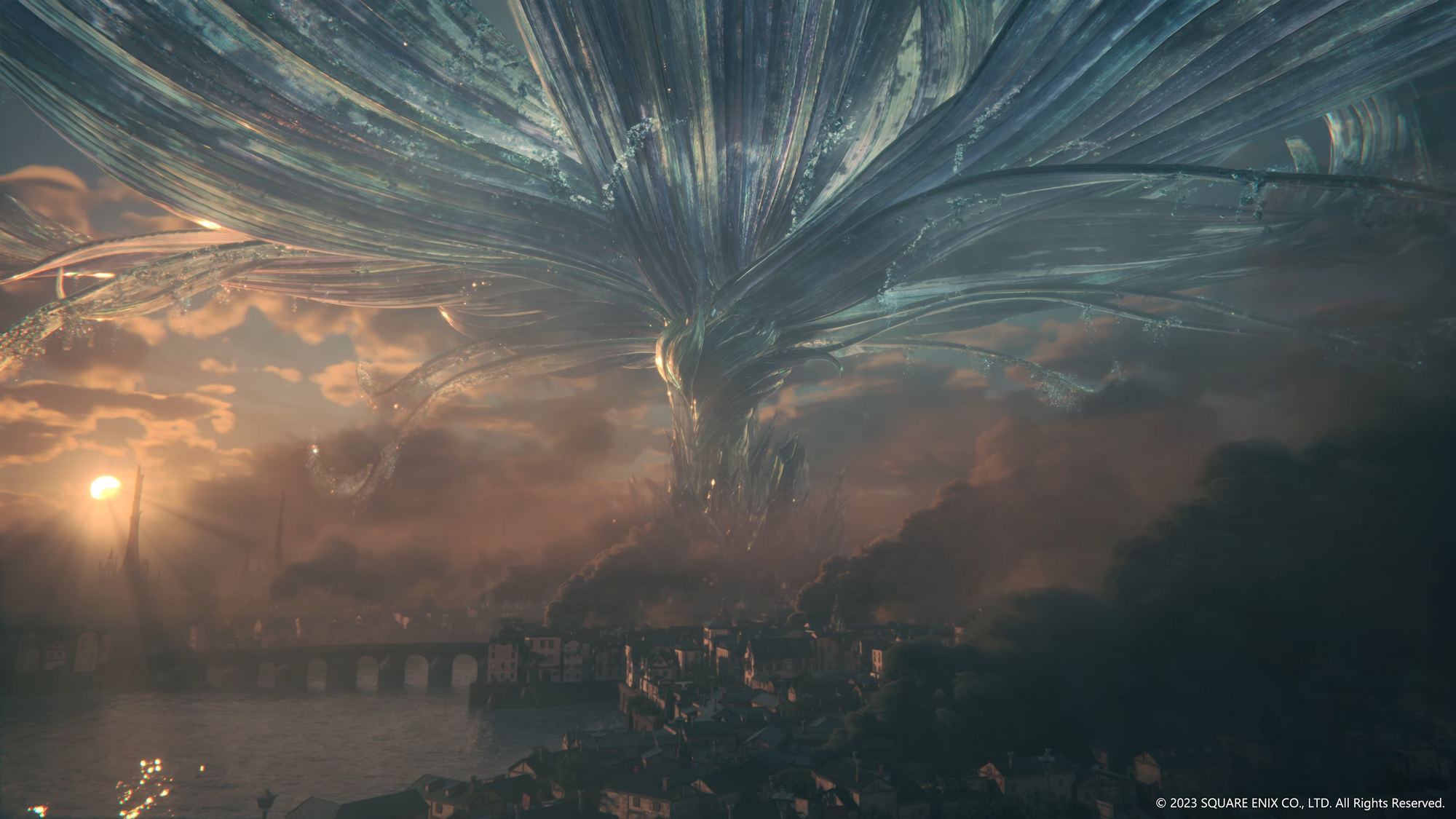 Screenshot of the Final Fantasy XVI trailer. A large plant sprawls out through the evening sky over a city.