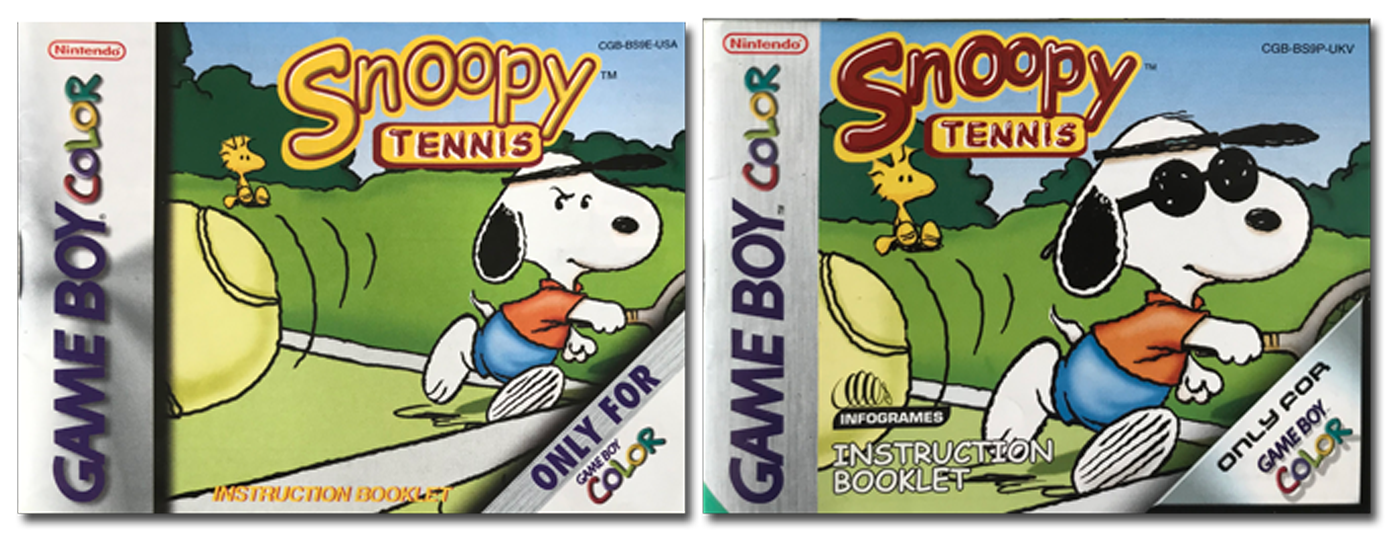 Comparison image between the two manual covers, with Snoopy wearing sunglasses in the UK version.