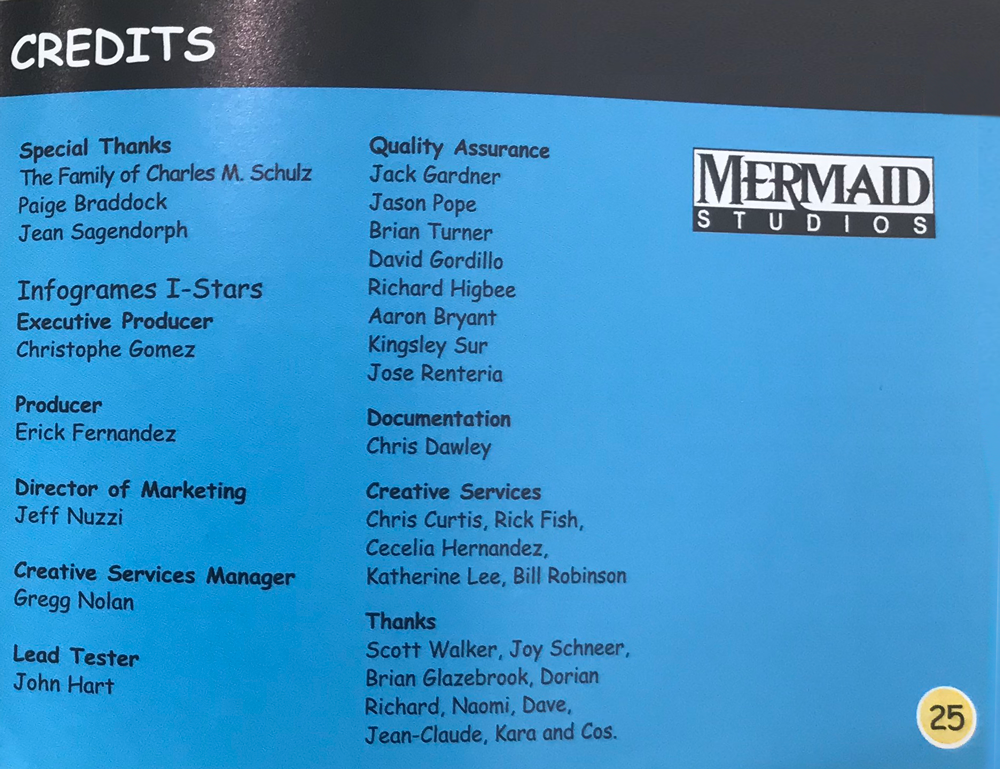 Image of list of credits for the game, with only a logo for the development studio.