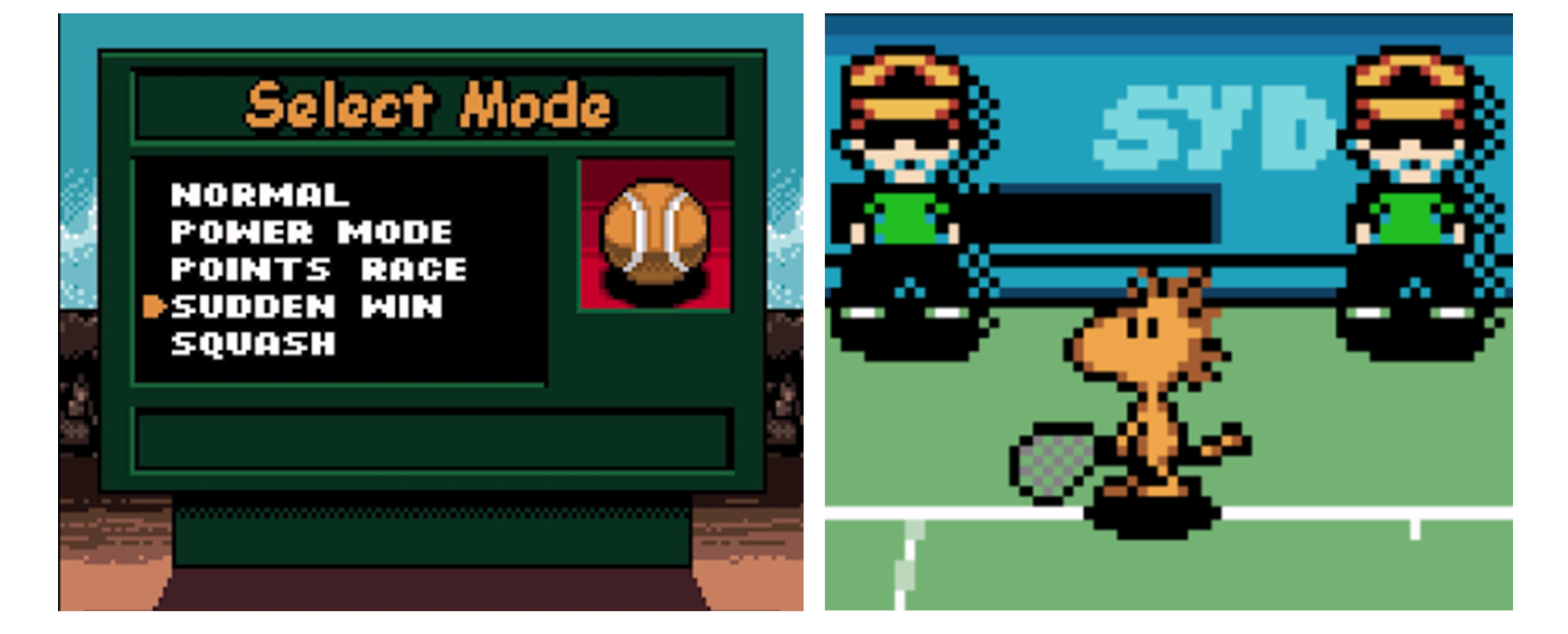 Image of game mode selection screen, with "Sudden Win" highlighted. Image of Woodstock sprite.