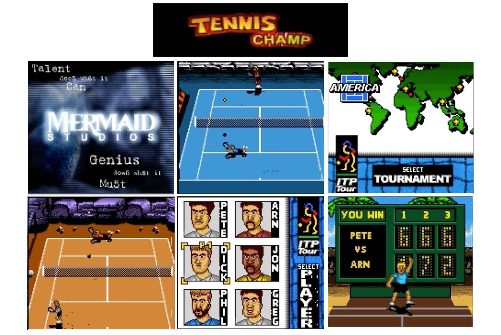 Images from the Tennis Champ Game. Title Card, Map Screen, Player Select, Scoreboard, Gameplay on two courts.