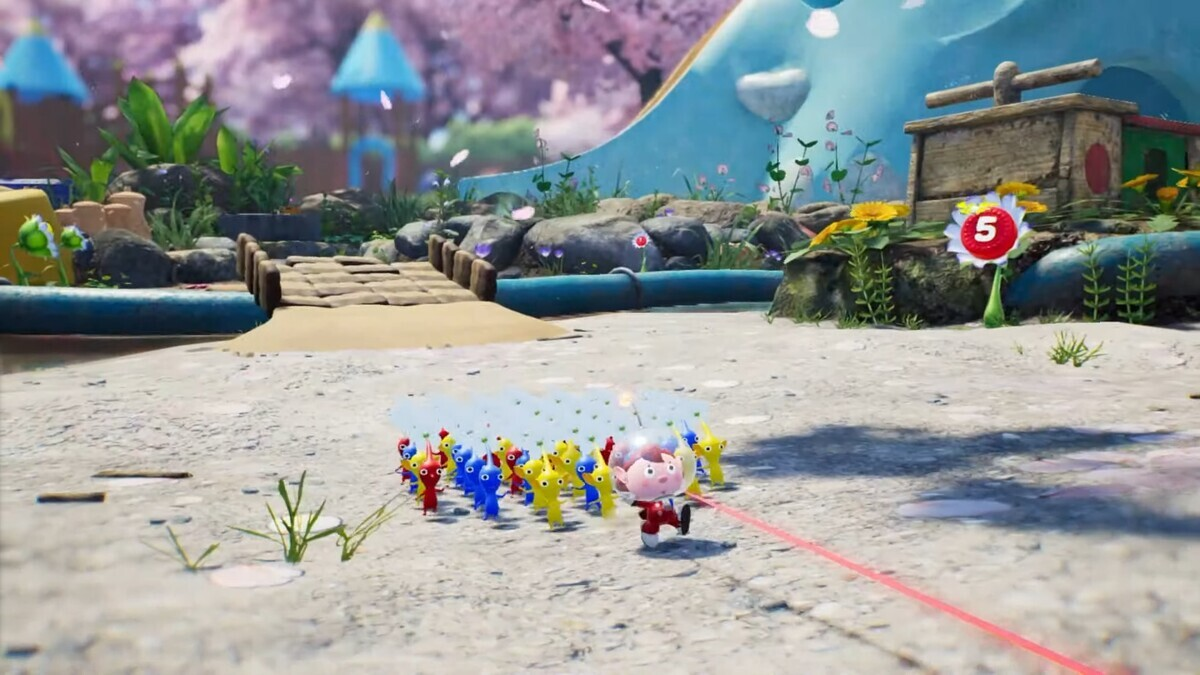 An army of multicolored Pikmin follow the player character on his journey.