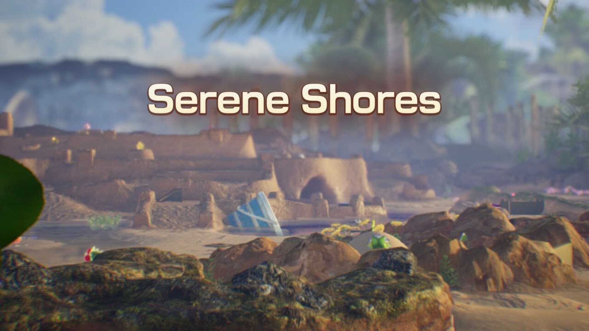 A rocky beach setting with the title Serene Shores.