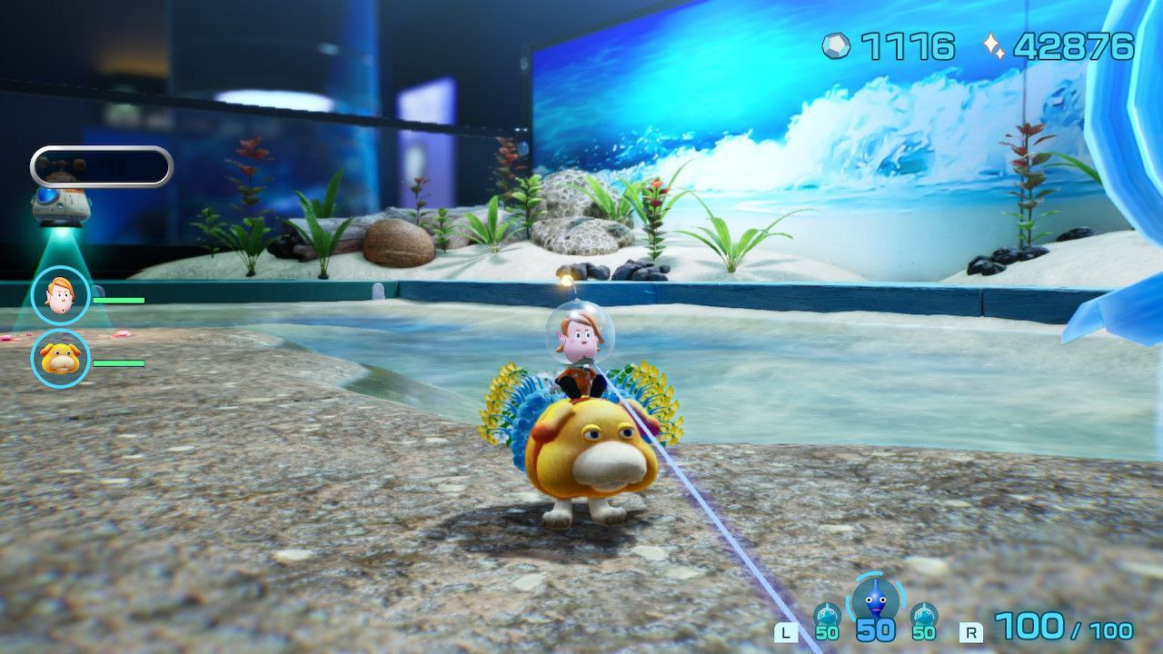 The player character rides on Otachi in an aquarium.