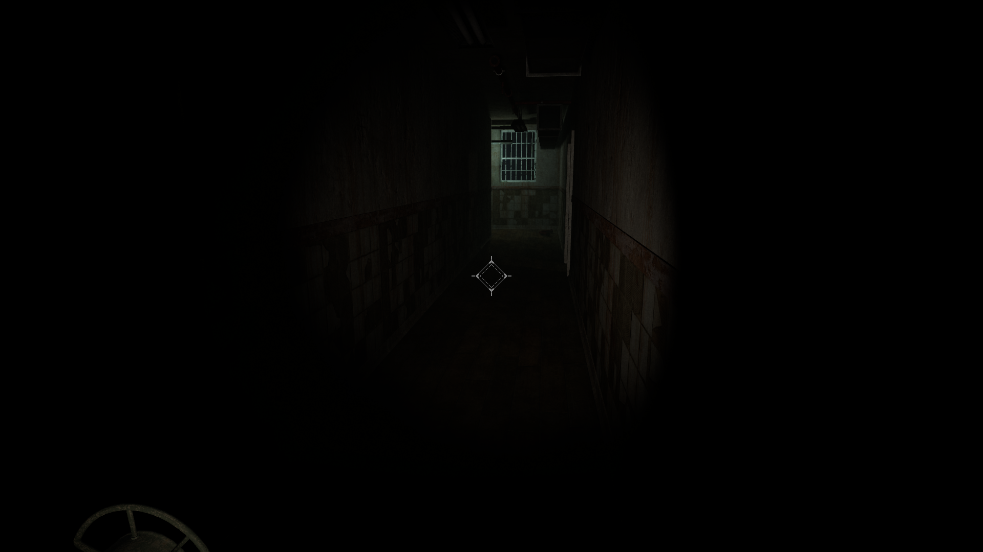 Screenshot of the game. The player is alone in a dark tiled hallway with nothing but a flashlight illuminating it.