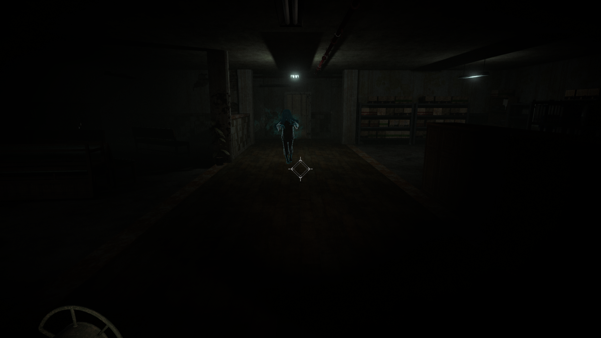 Screenshot of the game. A spectral figure runs toward the player in a dark storage room.