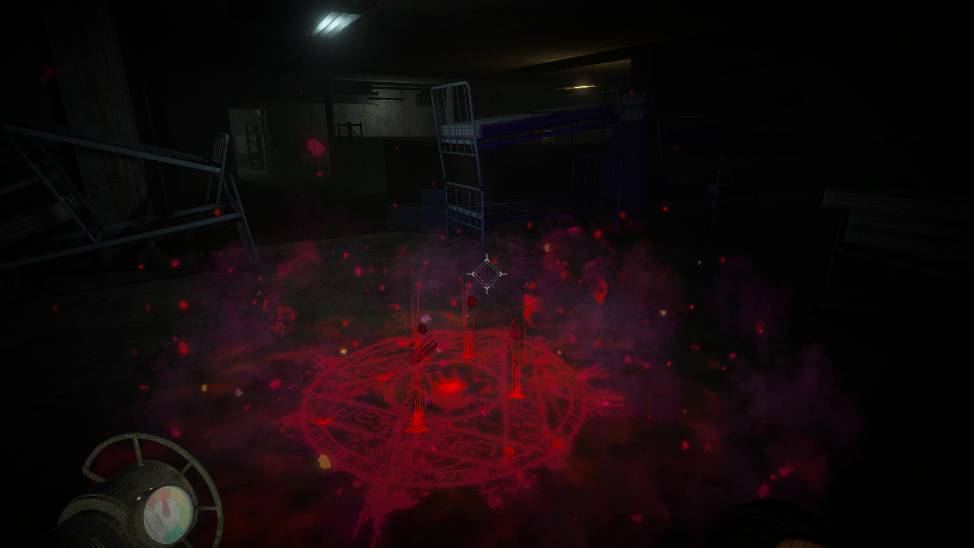 Screenshot of the game. In an abandoned bunkroom, a demonic summoning circle is scrawled on the floor in blood.
