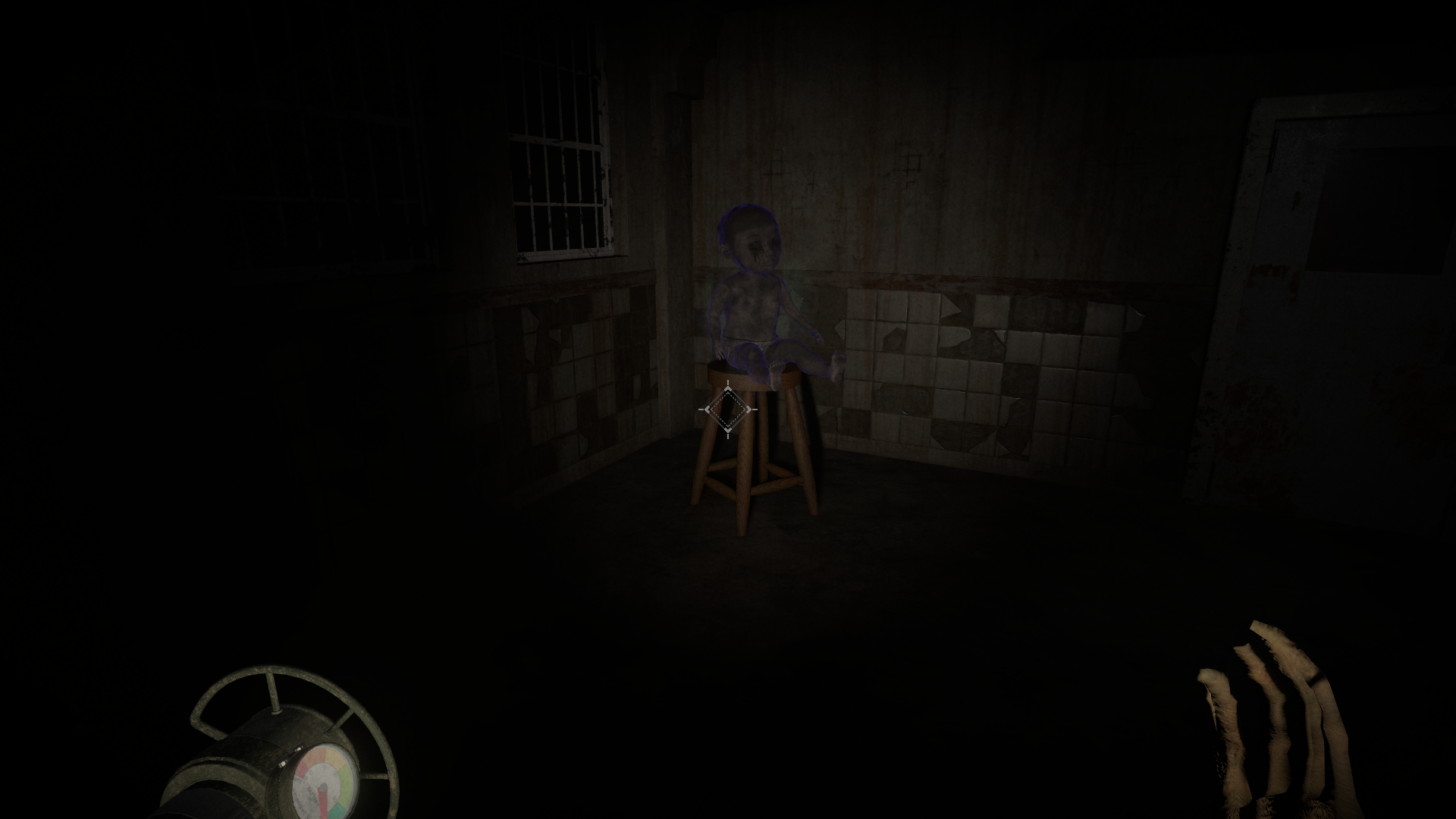 Screenshot of the game. A decrepid doll sits on a stool in a dark corner.