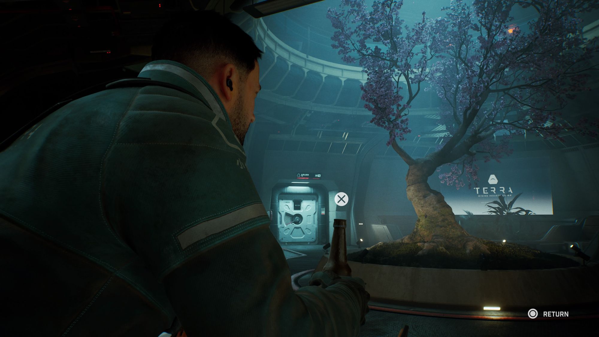 The protagonist of Fort Solis, Jack Leary, having a drink in the abandoned station.