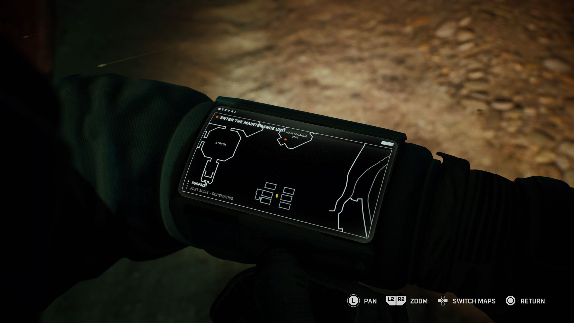 Fort Solis's map menu. Yellow icon = the player