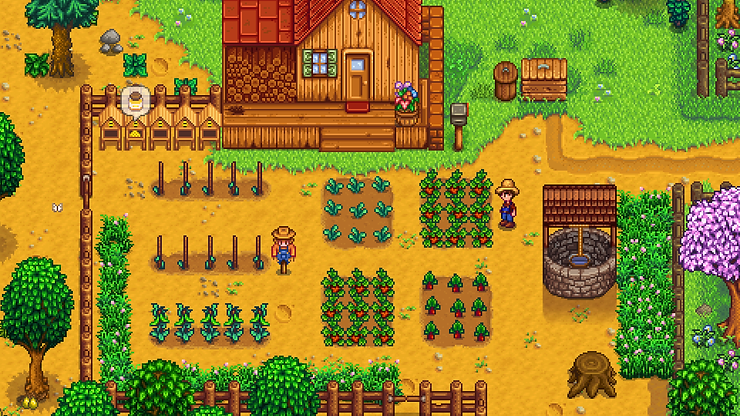 Screenshot of Stardew Valley. The player character, a male farmer in overalls and a straw hat, stands o nthe farm near the farmhouse. There ar e seven crop plots in front of him with three dedicated to growing beans, one growing kale, two growing strawberries, and one growing radishes. There is a well and six beehives, all contained in a little wooden fence.