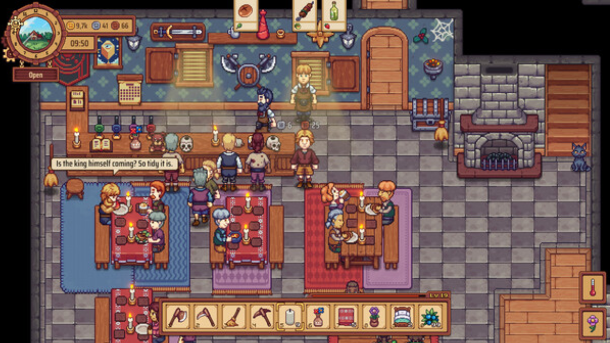 Screenshot from Travellers Rest. The tavern is full of people sitting at five large wooden tables arranged at the front of the room. The walls are papered blue and decorated with various weapons, lights, and posters while the ground is tiled grey. There is a little black cat off to the right.