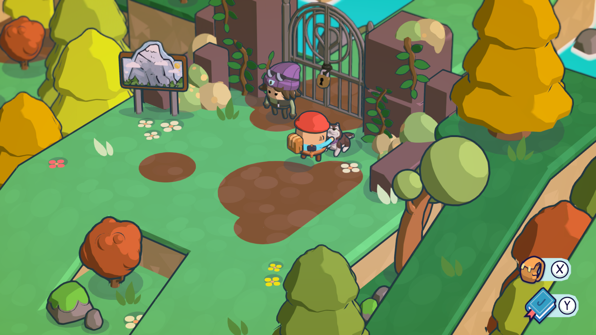 A cutesy polygone game. The hiker player character pets a husky beside a large gate.