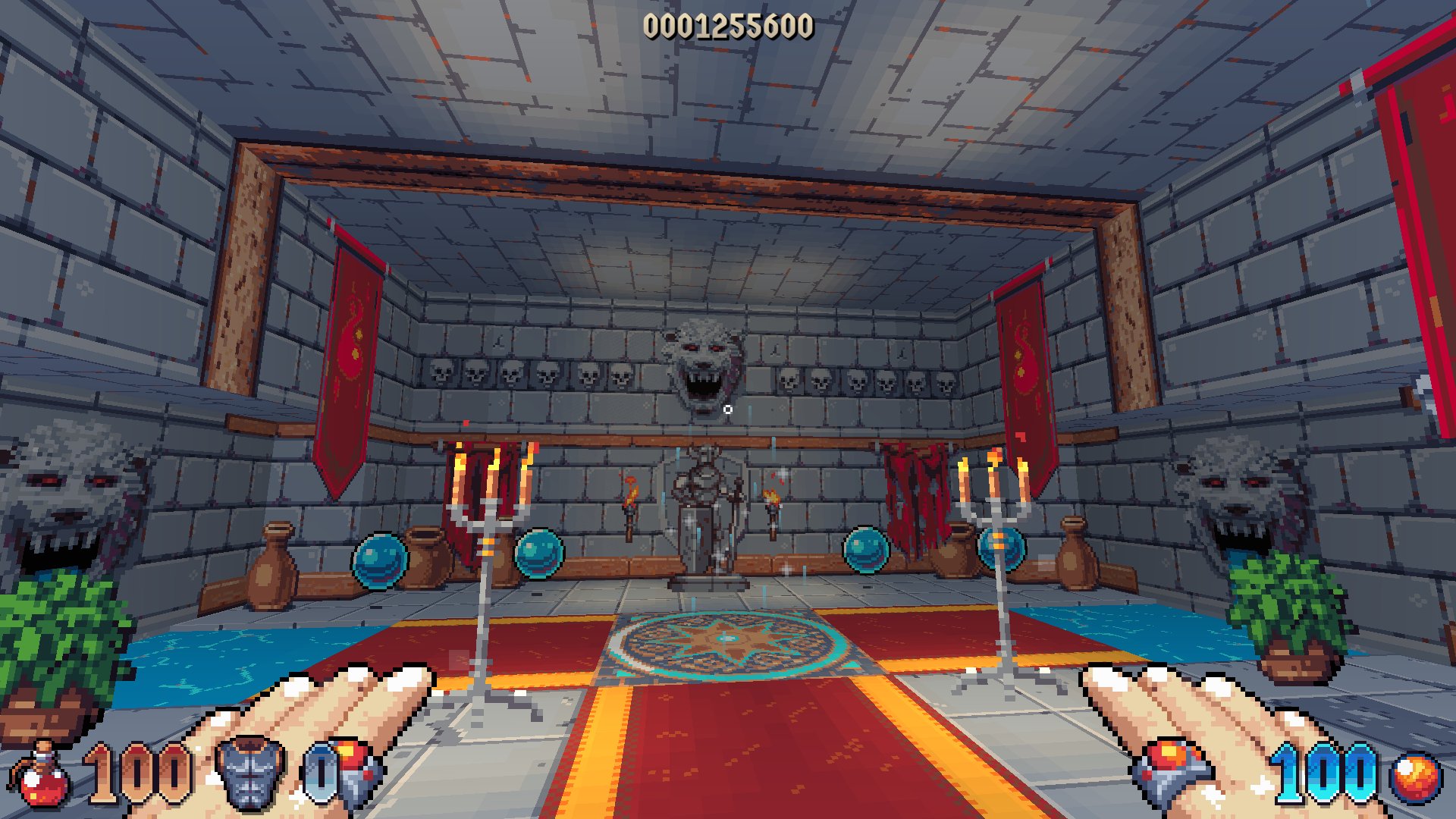Player's POV, an interior castle chamber decorated with red banners, skulls, and lions.