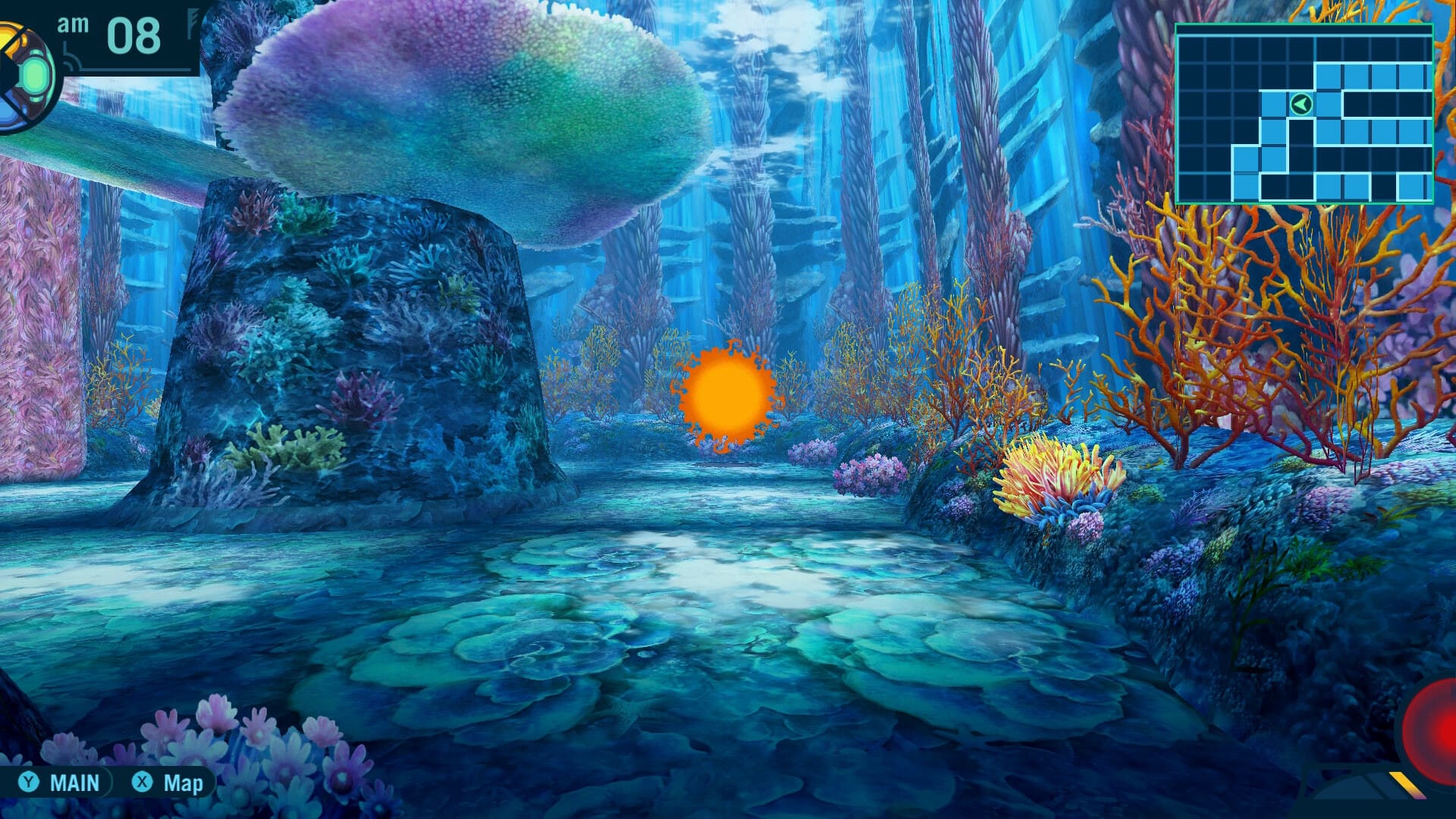 Image is a first person view of a vibrant ocean labyrinth with an orange ball mini boss nearby