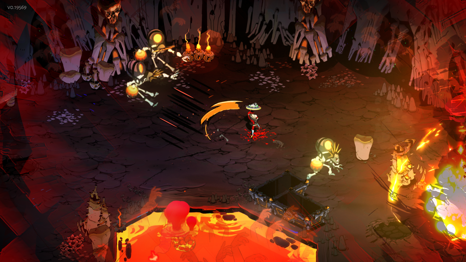 Image is Zagreus slashing at enemies with a shield in a lava area