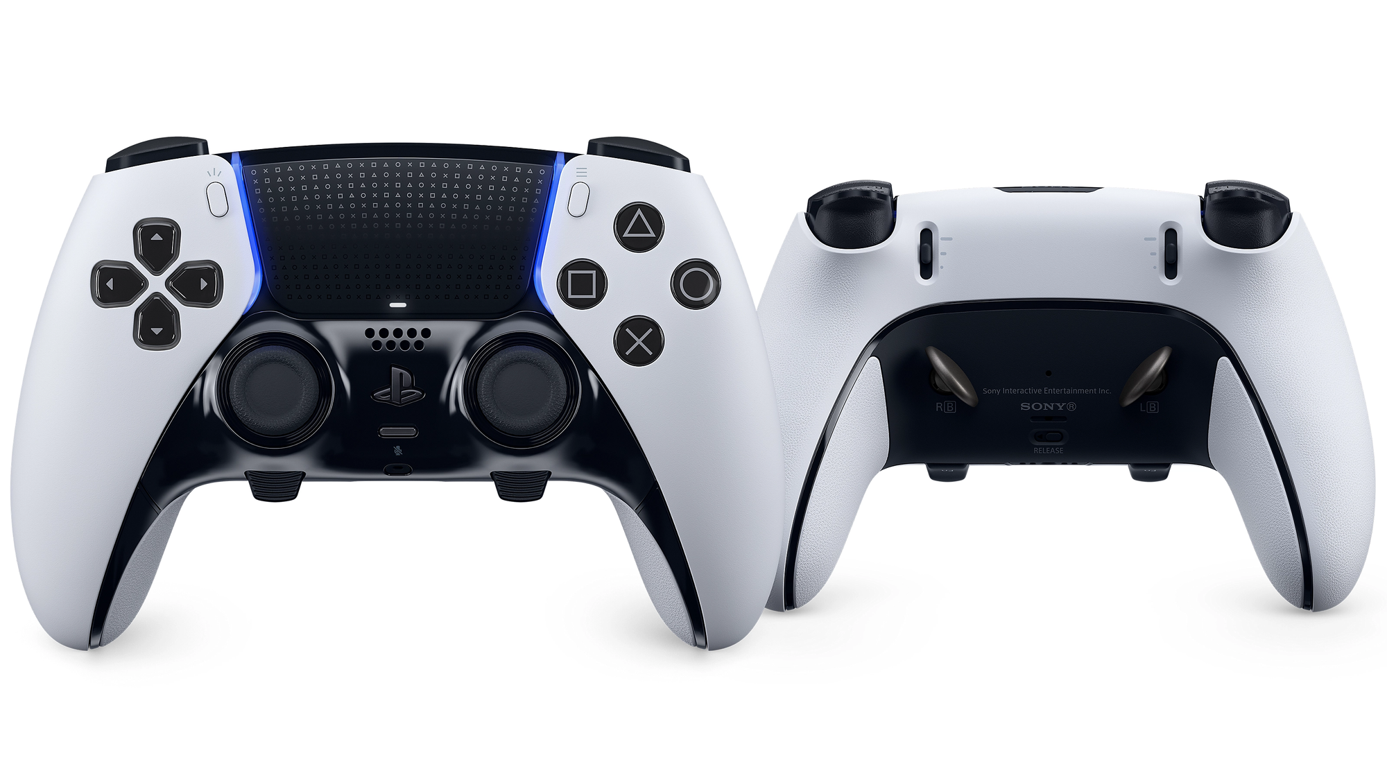 The DuelSense Edge; a luxury white and black gaming controller with duel thumbsticks.
