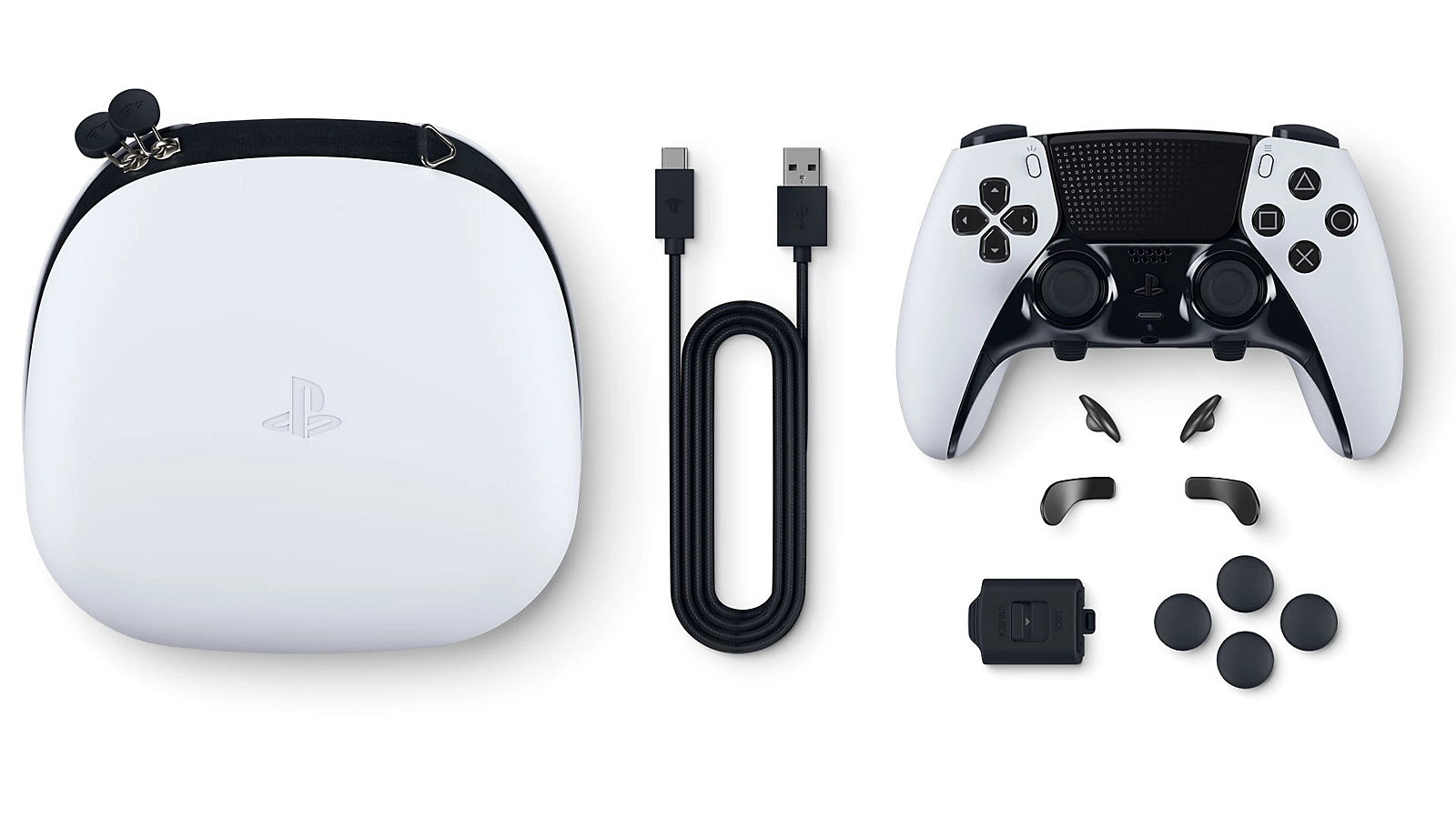 The DuelSense Edge, white zippered carrying case, charging cable, and various customization pieces.