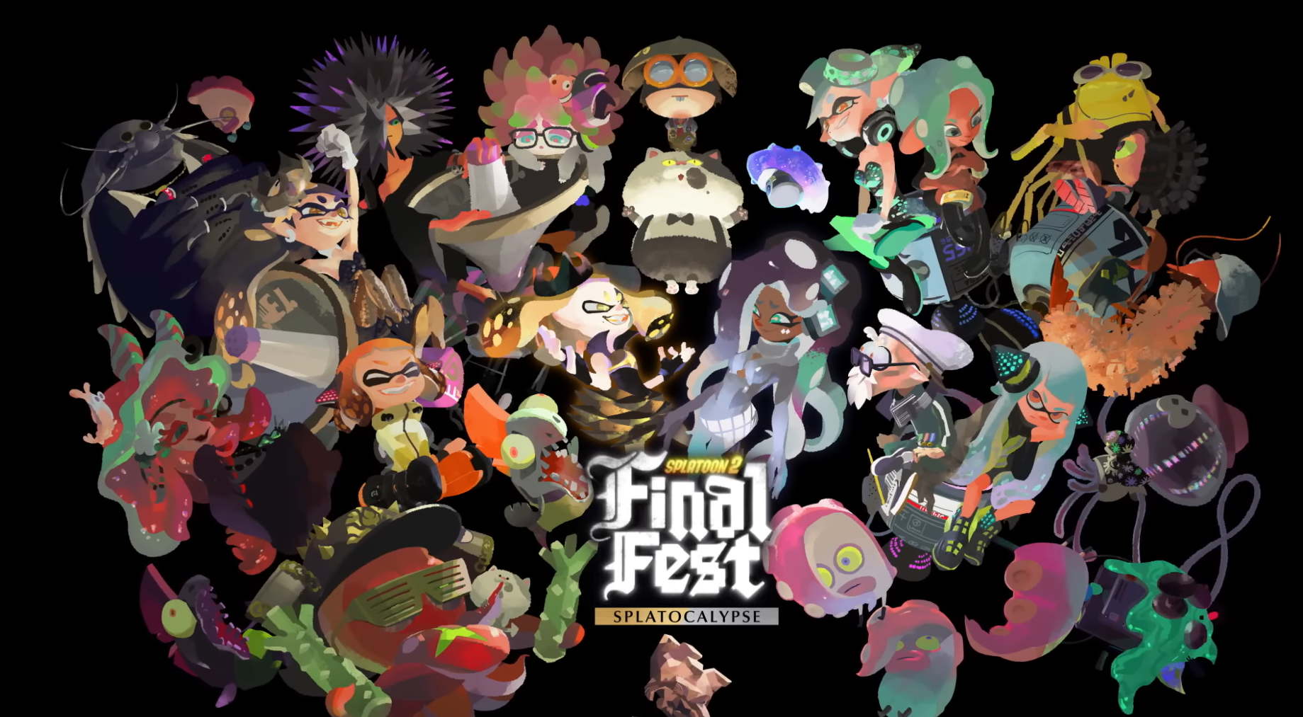 Various Splatoon characters cloud around the Final Fest logo.