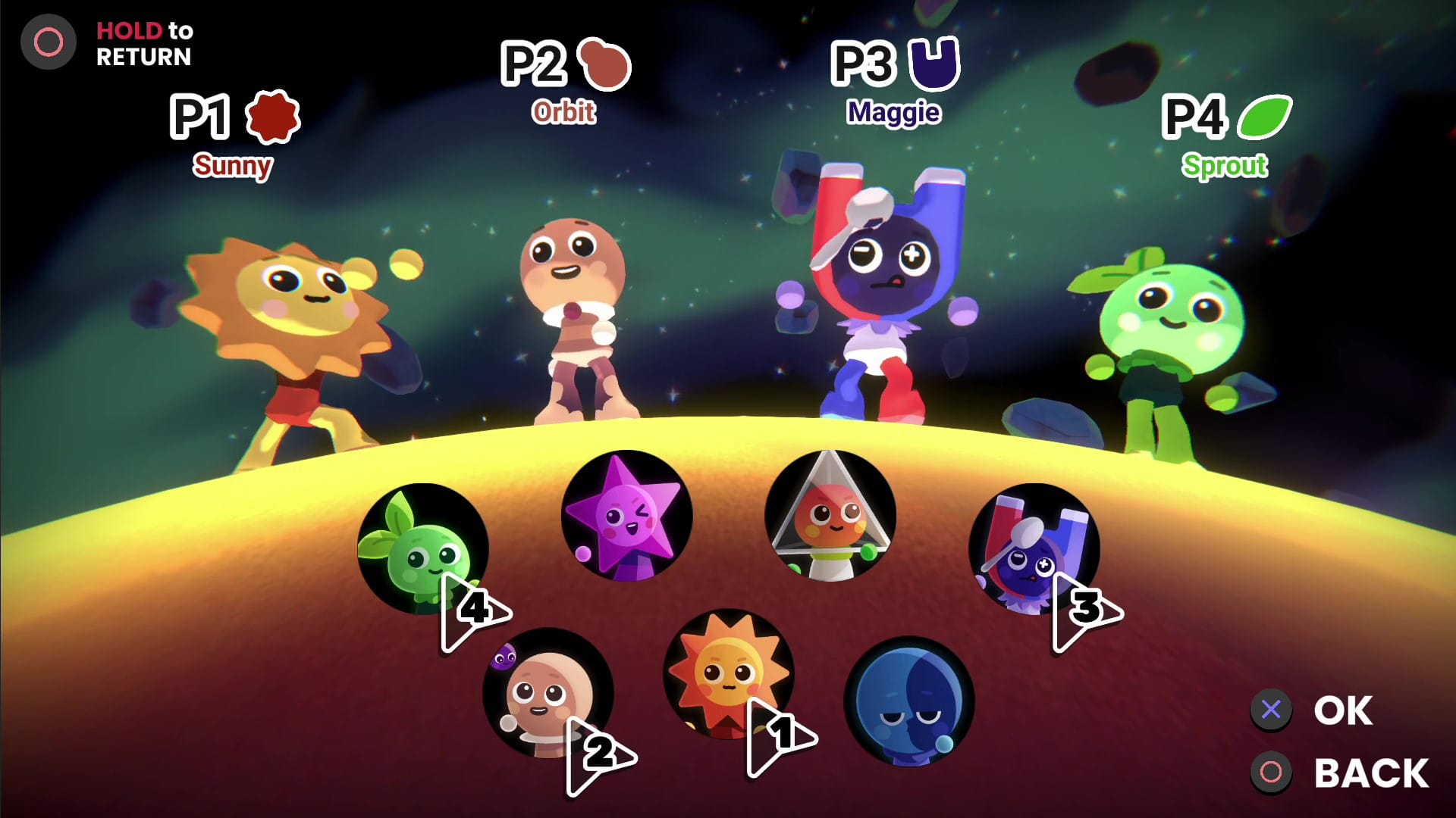 Four sprites selected on the game's main menu, a planet with asteroids in the background.