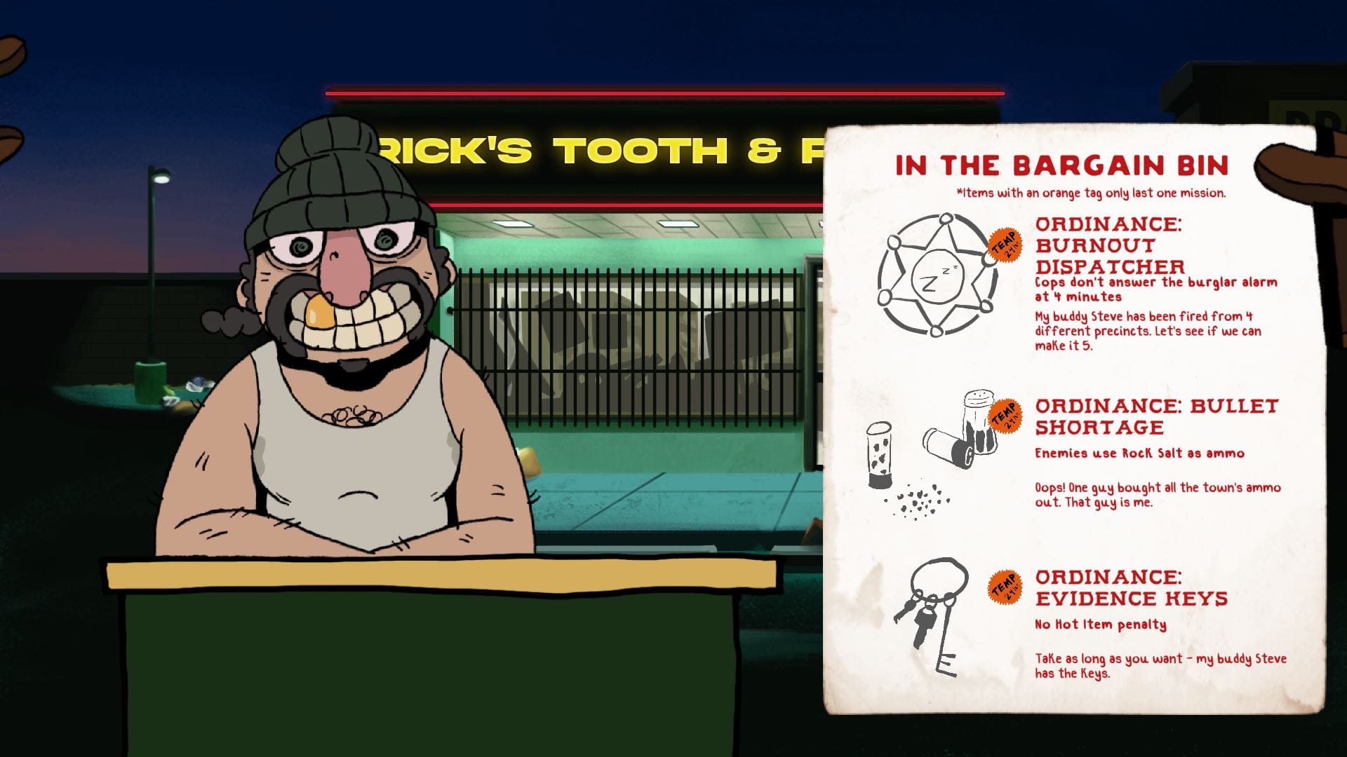 Screenshot. The shop screen, where the player is looking In The Bargain Bin.