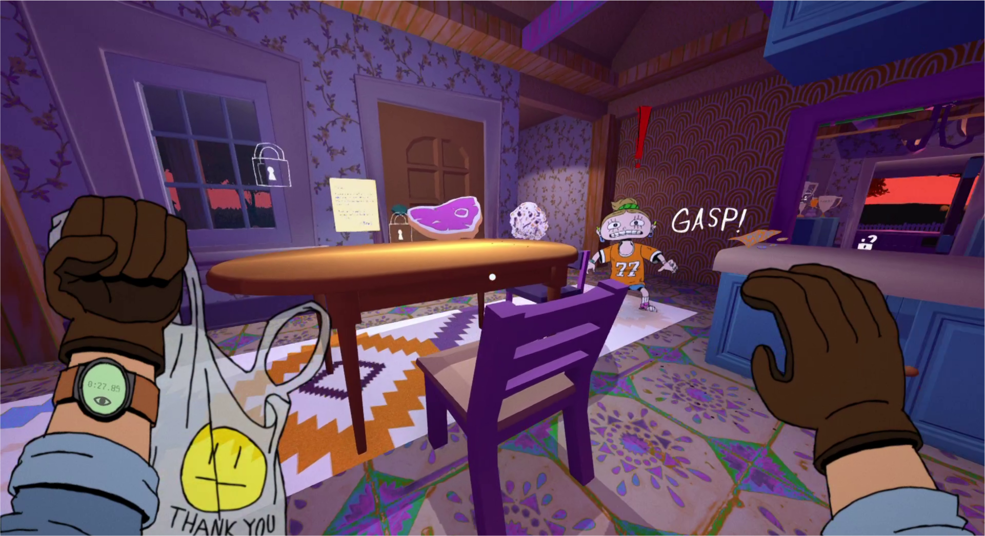 Screenshot. The player is caught stealing by a young woman, who gasps.