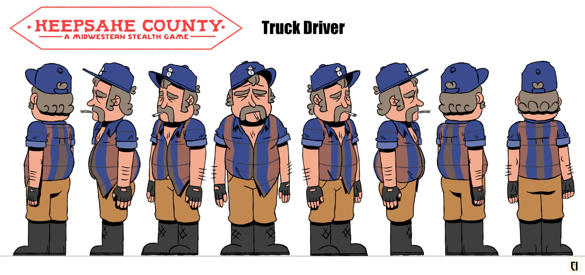 360-degree drawings of the character art for a Truck Driver. He is an older, pudgy man in a striped shirt.